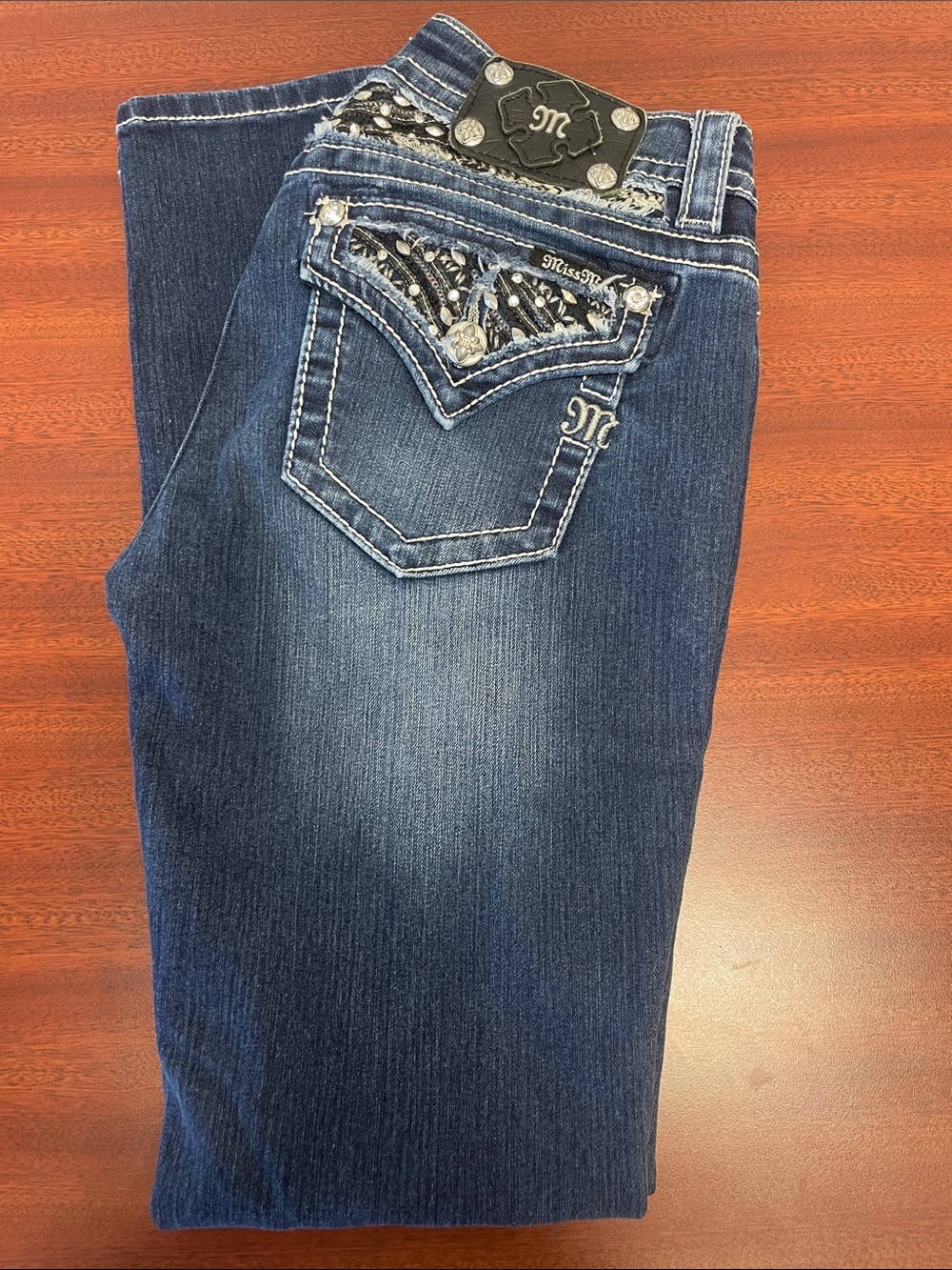 Miss Me Dark Blue Skinny Jeans with Embellished Pockets